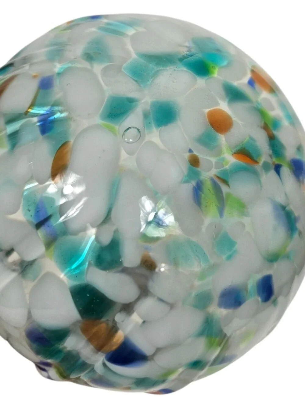 Hand Blown Art Glass Vase Ruffled Rim Confetti Frit Aqua Blue White 7.5